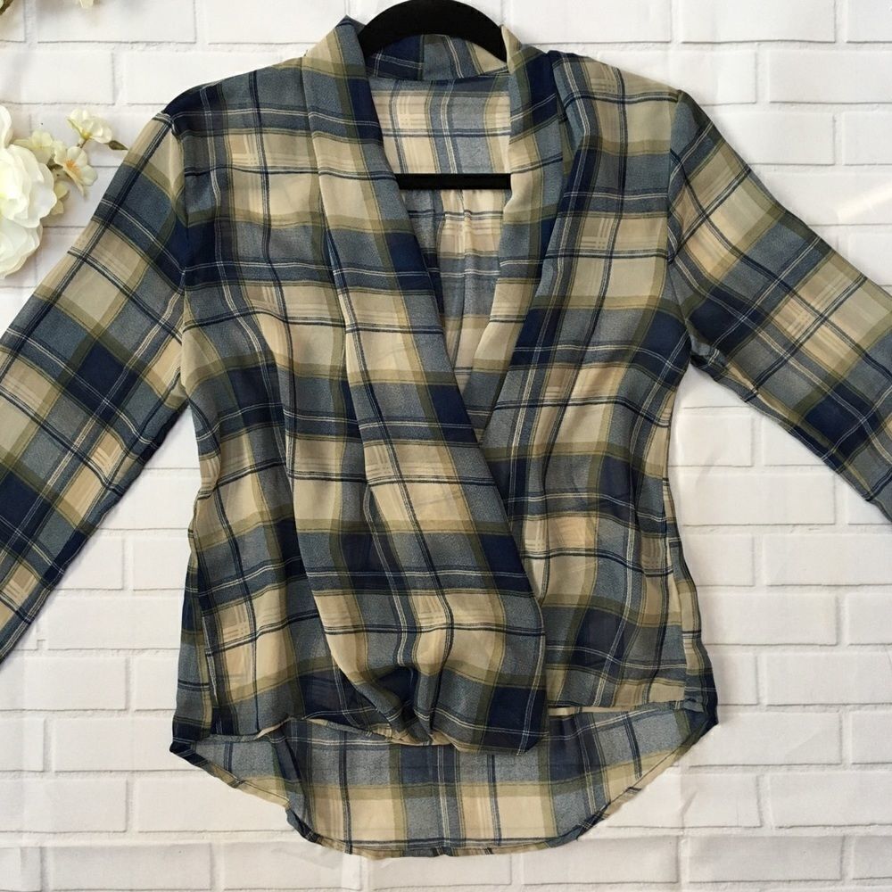 Sheer blue & tan plaid wrap blouse